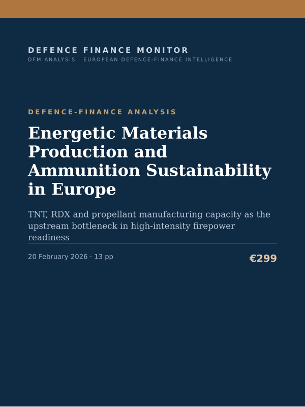Cover of the DFM report “Energetic Materials Production and Ammunition Sustainability in Europe” — Defence-Finance Analysis, 13-page PDF