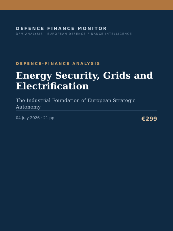 Cover of the DFM report “Energy Security, Grids and Electrification” — Defence-Finance Analysis, 21-page PDF