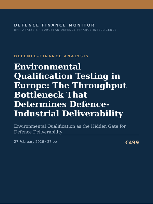 Cover of the DFM report “Environmental Qualification Testing in Europe: The Throughput Bottleneck That Determines Defence-Industrial Deliverability” — Defence-Finance Analysis, 27-page PDF