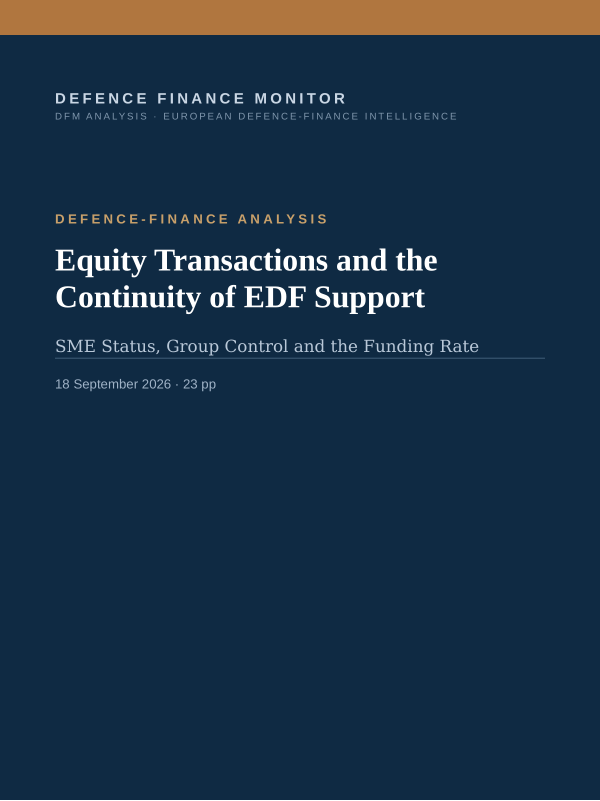 Cover of the DFM report “Equity Transactions and the Continuity of EDF Support” — Defence-Finance Analysis, 23-page PDF