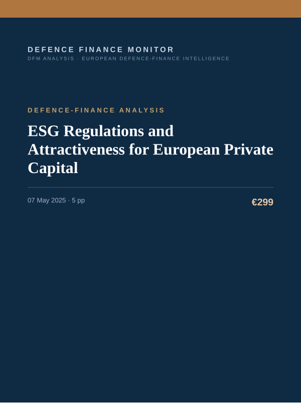 Cover of the DFM report “ESG Regulations and Attractiveness for European Private Capital” — Defence-Finance Analysis, 5-page PDF