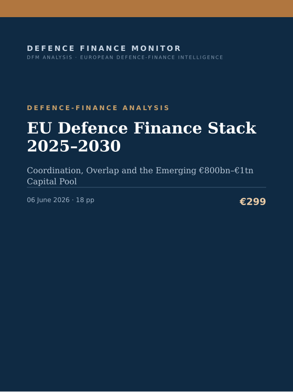 Cover of the DFM report “EU Defence Finance Stack 2025–2030” — Defence-Finance Analysis, 18-page PDF