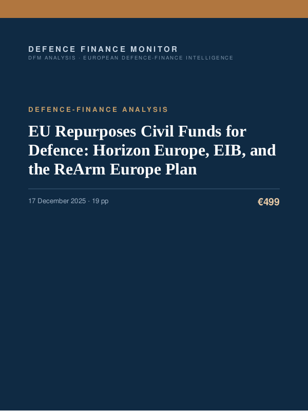 Cover of the DFM report “EU Repurposes Civil Funds for Defence: Horizon Europe, EIB, and the ReArm Europe Plan” — Defence-Finance Analysis, 19-page PDF