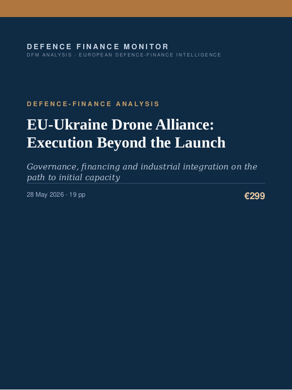 Cover of the DFM report “EU-Ukraine Drone Alliance: Execution Beyond the Launch” — Defence-Finance Analysis, 19-page PDF
