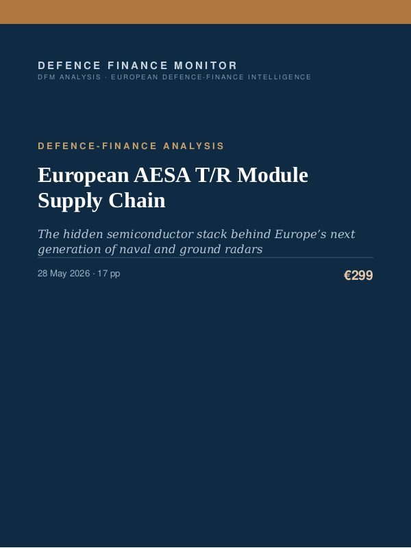 Cover of the DFM report “European AESA T/R Module Supply Chain” — Defence-Finance Analysis, 17-page PDF