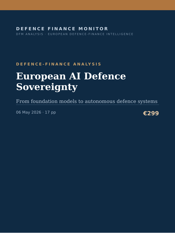 Cover of the DFM report “European AI Defence Sovereignty” — Defence-Finance Analysis, 17-page PDF