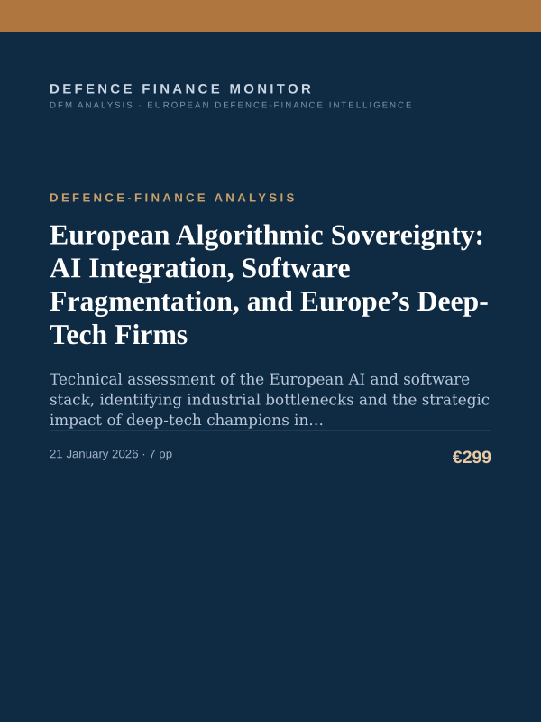 Cover of the DFM report “European Algorithmic Sovereignty: AI Integration, Software Fragmentation, and Europe’s Deep-Tech Firms” — Defence-Finance Analysis, 7-page PDF