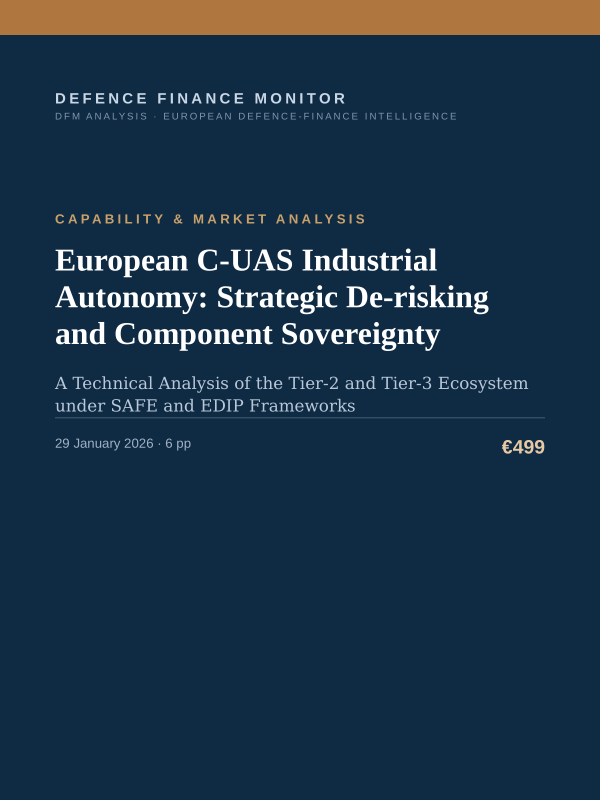 Cover of the DFM report “European C-UAS Industrial Autonomy: Strategic De-risking and Component Sovereignty” — Capability & Market Analysis, 6-page PDF