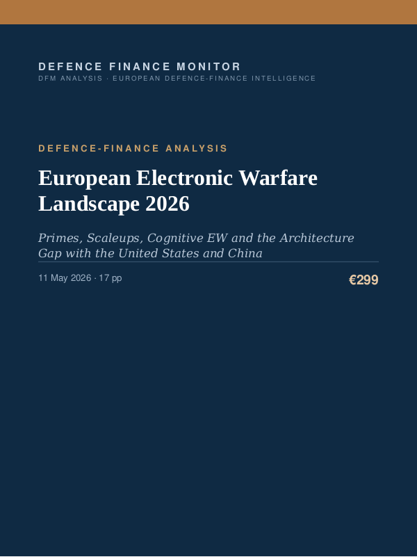 Cover of the DFM report “European Electronic Warfare Landscape 2026” — Defence-Finance Analysis, 17-page PDF