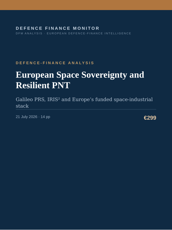 Cover of the DFM report “European Space Sovereignty and Resilient PNT” — Defence-Finance Analysis, 14-page PDF