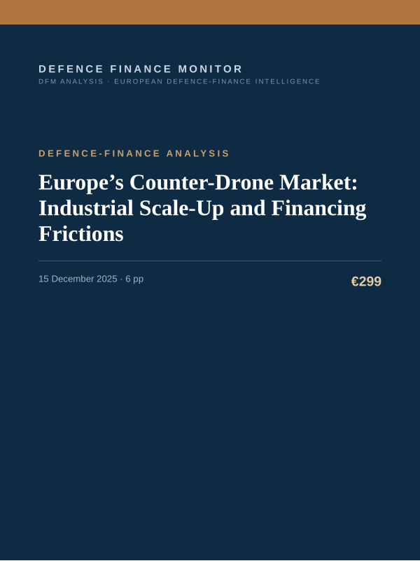 Cover of the DFM report “Europe’s Counter-Drone Market: Industrial Scale-Up and Financing Frictions” — Defence-Finance Analysis, 6-page PDF