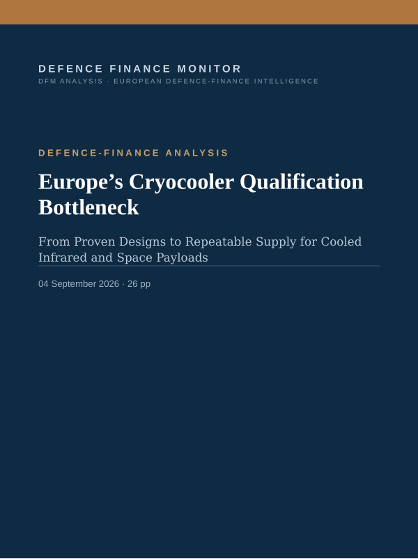 Cover of the DFM report “Europe’s Cryocooler Qualification Bottleneck” — Defence-Finance Analysis, 26-page PDF
