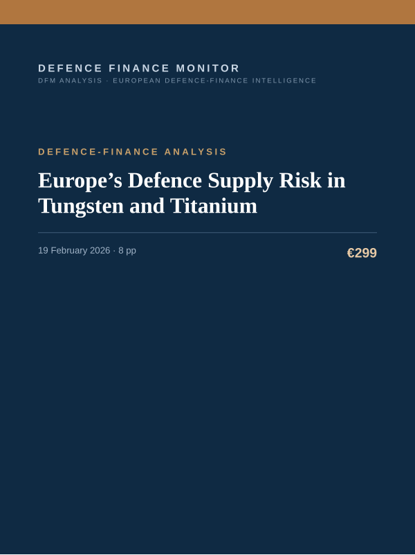 Cover of the DFM report “Europe’s Defence Supply Risk in Tungsten and Titanium” — Defence-Finance Analysis, 8-page PDF