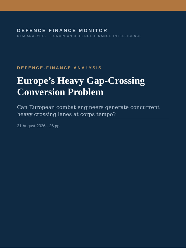 Cover of the DFM report “Europe’s Heavy Gap-Crossing Conversion Problem” — Defence-Finance Analysis, 26-page PDF