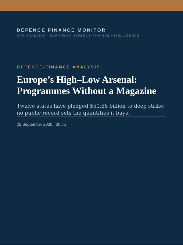 Cover of the DFM report “Europe’s High–Low Arsenal: Programmes Without a Magazine” — Defence-Finance Analysis, 30-page PDF
