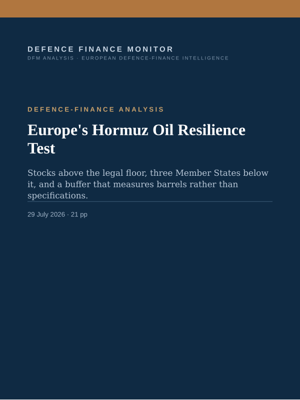 Cover of the DFM report “Europe's Hormuz Oil Resilience Test” — Defence-Finance Analysis, 21-page PDF