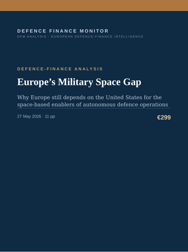 Cover of the DFM report “Europe’s Military Space Gap” — Defence-Finance Analysis, 11-page PDF