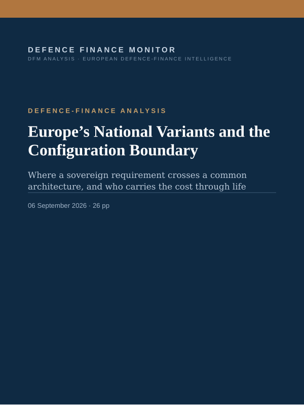 Cover of the DFM report “Europe’s National Variants and the Configuration Boundary” — Defence-Finance Analysis, 26-page PDF