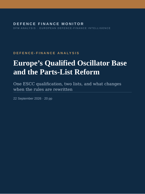 Cover of the DFM report “Europe’s Qualified Oscillator Base and the Parts-List Reform” — Defence-Finance Analysis, 20-page PDF
