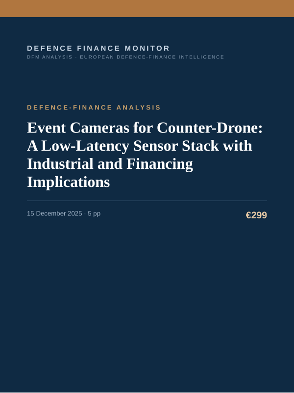 Cover of the DFM report “Event Cameras for Counter-Drone: A Low-Latency Sensor Stack with Industrial and Financing Implications” — Defence-Finance Analysis, 5-page PDF