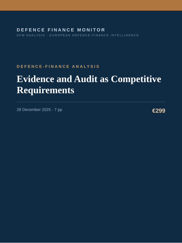 Cover of the DFM report “Evidence and Audit as Competitive Requirements” — Defence-Finance Analysis, 7-page PDF