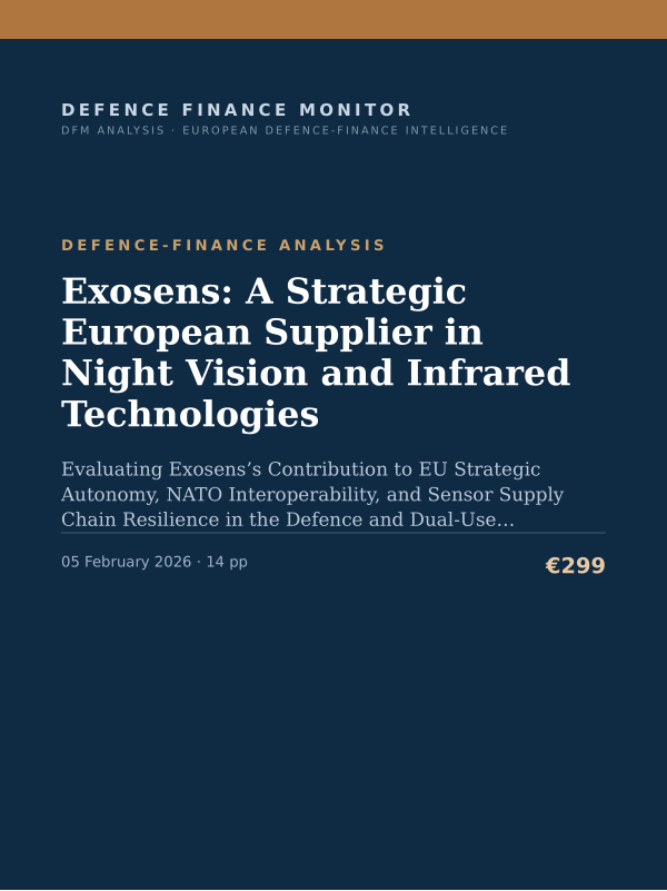 Cover of the DFM report “Exosens: A Strategic European Supplier in Night Vision and Infrared Technologies” — Defence-Finance Analysis, 14-page PDF