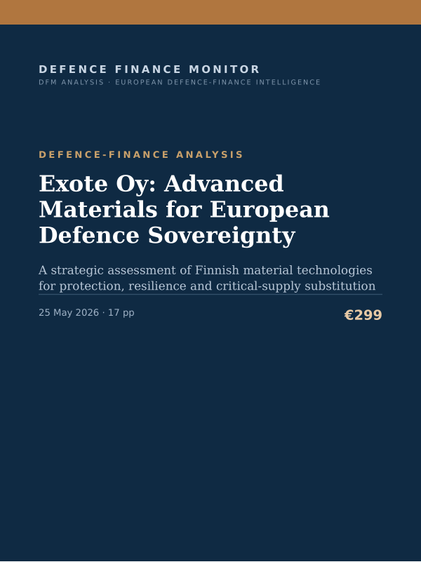 Cover of the DFM report “Exote Oy: Advanced Materials for European Defence Sovereignty” — Defence-Finance Analysis, 17-page PDF