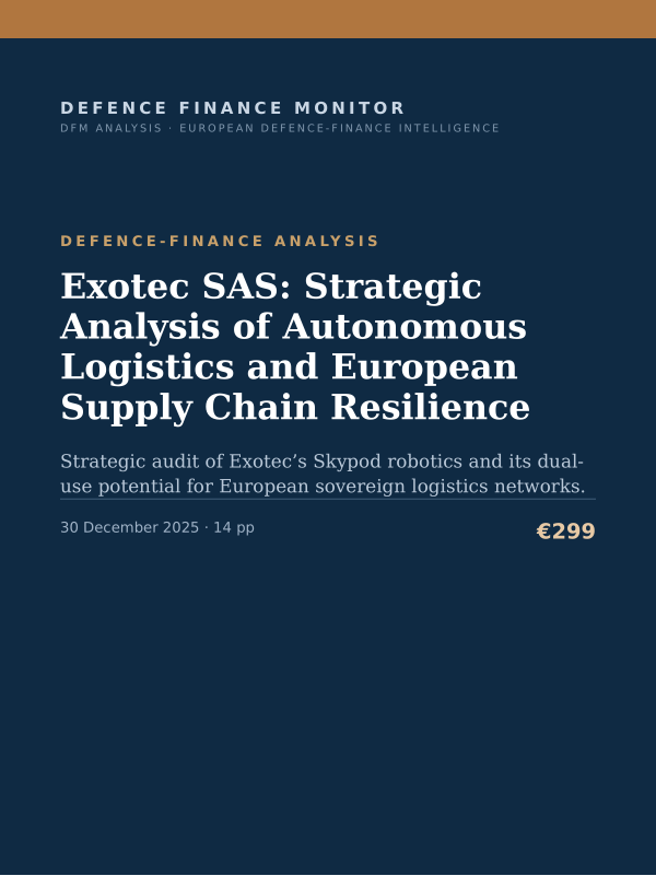 Cover of the DFM report “Exotec SAS: Strategic Analysis of Autonomous Logistics and European Supply Chain Resilience” — Defence-Finance Analysis, 14-page PDF
