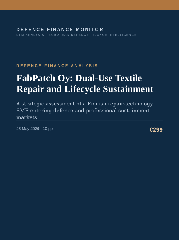 Cover of the DFM report “FabPatch Oy: Dual-Use Textile Repair and Lifecycle Sustainment” — Defence-Finance Analysis, 10-page PDF