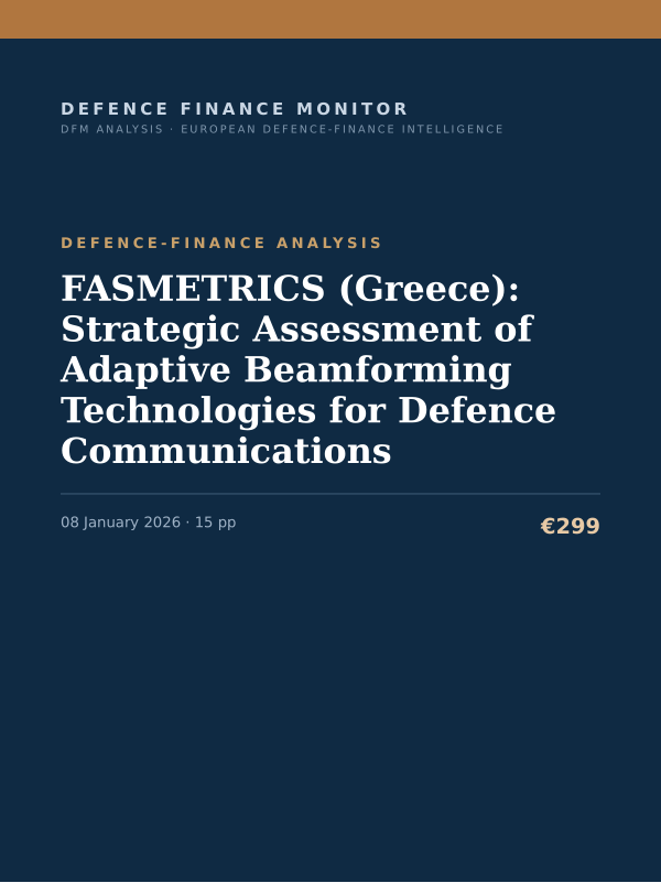 Cover of the DFM report “FASMETRICS (Greece): Strategic Assessment of Adaptive Beamforming Technologies for Defence Communications” — Defence-Finance Analysis, 15-page PDF