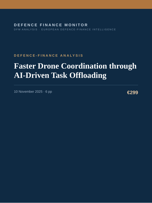 Cover of the DFM report “Faster Drone Coordination through AI-Driven Task Offloading” — Defence-Finance Analysis, 6-page PDF