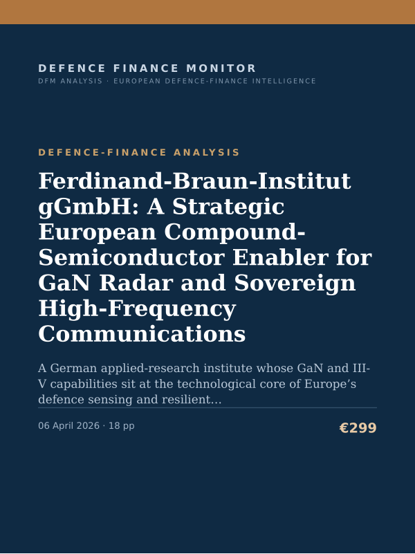 Cover of the DFM report “Ferdinand-Braun-Institut gGmbH: A Strategic European Compound-Semiconductor Enabler for GaN Radar and Sovereign High-Frequency Communications” — Defence-Finance Analysis, 18-page PDF