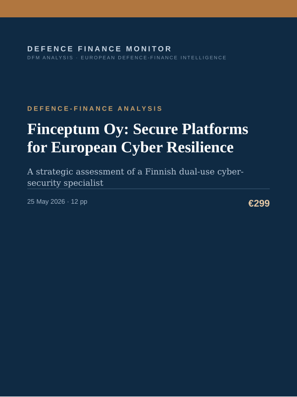 Cover of the DFM report “Finceptum Oy: Secure Platforms for European Cyber Resilience” — Defence-Finance Analysis, 12-page PDF