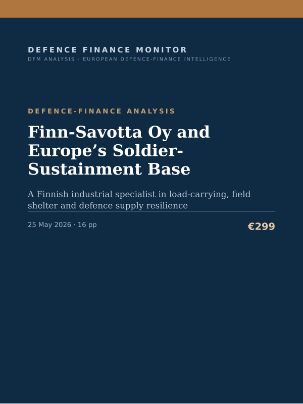 Cover of the DFM report “Finn-Savotta Oy and Europe’s Soldier-Sustainment Base” — Defence-Finance Analysis, 16-page PDF