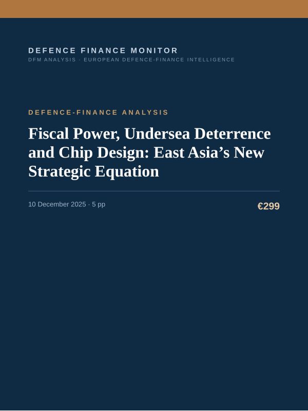 Cover of the DFM report “Fiscal Power, Undersea Deterrence and Chip Design: East Asia’s New Strategic Equation” — Defence-Finance Analysis, 5-page PDF