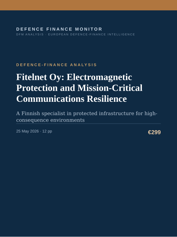 Cover of the DFM report “Fitelnet Oy: Electromagnetic Protection and Mission-Critical Communications Resilience” — Defence-Finance Analysis, 12-page PDF