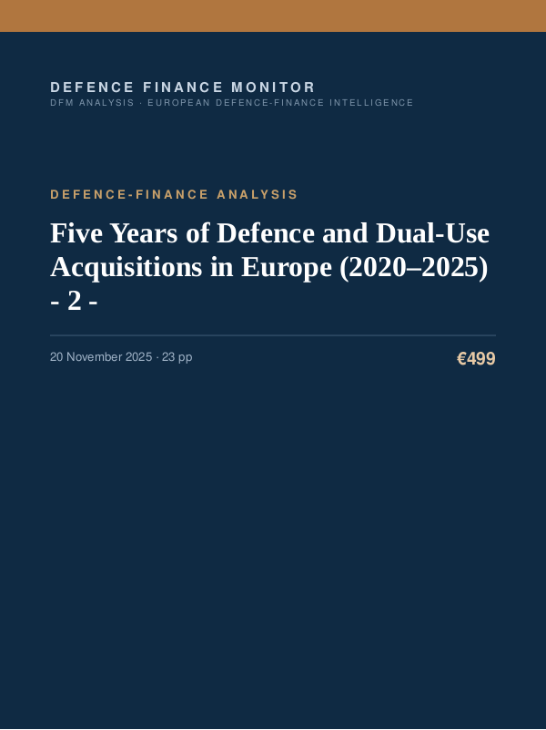 Cover of the DFM report “Five Years of Defence and Dual-Use Acquisitions in Europe (2020–2025) - 2” — Defence-Finance Analysis, 23-page PDF