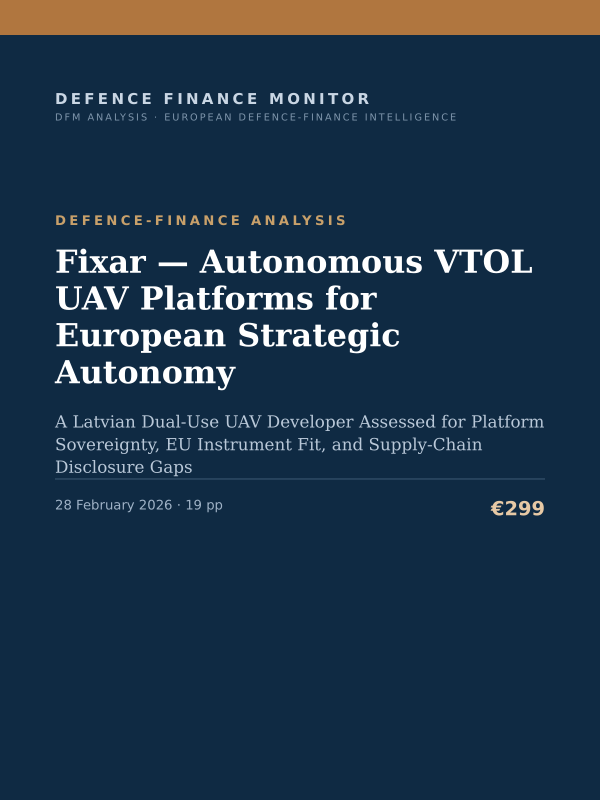 Cover of the DFM report “Fixar — Autonomous VTOL UAV Platforms for European Strategic Autonomy” — Defence-Finance Analysis, 19-page PDF