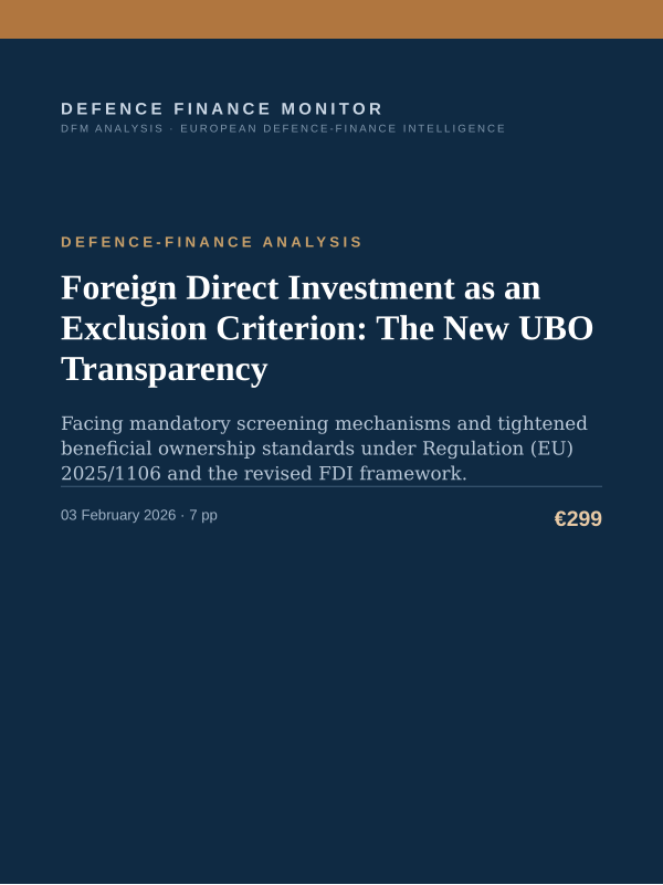 Cover of the DFM report “Foreign Direct Investment as an Exclusion Criterion: The New UBO Transparency” — Defence-Finance Analysis, 7-page PDF