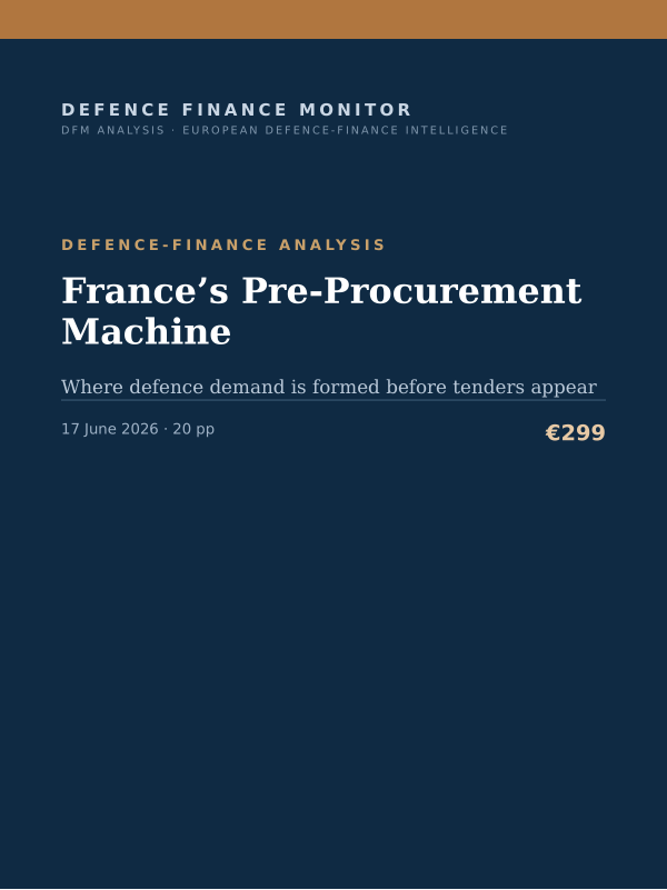 Cover of the DFM report “France’s Pre-Procurement Machine” — Defence-Finance Analysis, 20-page PDF