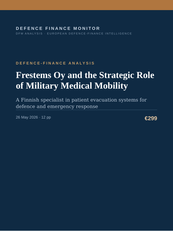 Cover of the DFM report “Frestems Oy and the Strategic Role of Military Medical Mobility” — Defence-Finance Analysis, 12-page PDF