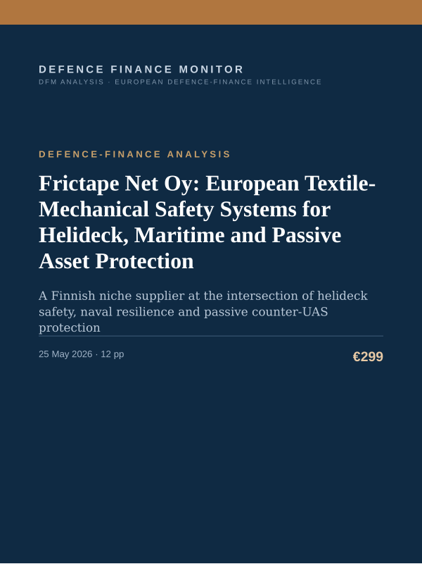 Cover of the DFM report “Frictape Net Oy: European Textile-Mechanical Safety Systems for Helideck, Maritime and Passive Asset Protection” — Defence-Finance Analysis, 12-page PDF