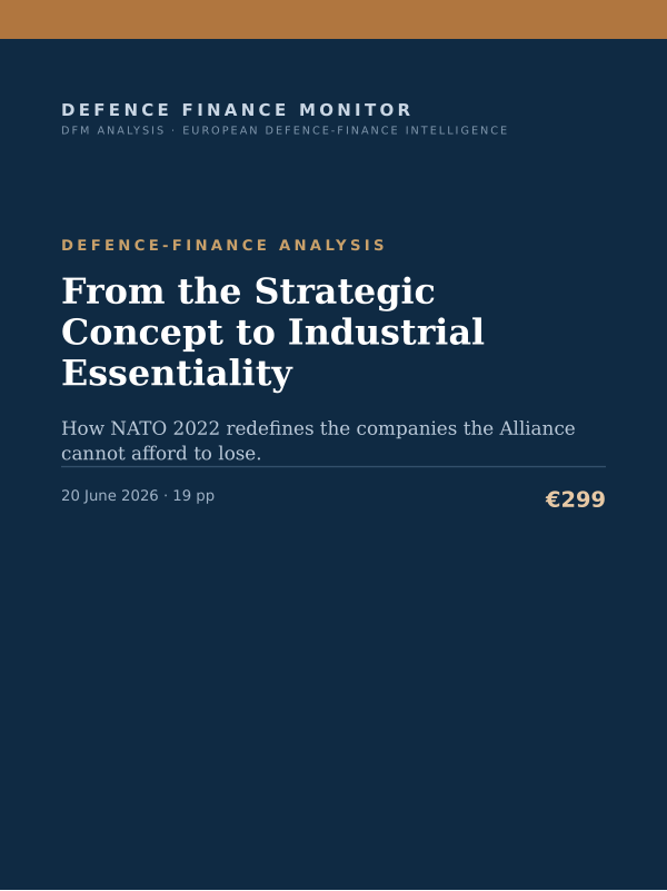 Cover of the DFM report “From the Strategic Concept to Industrial Essentiality” — Defence-Finance Analysis, 19-page PDF