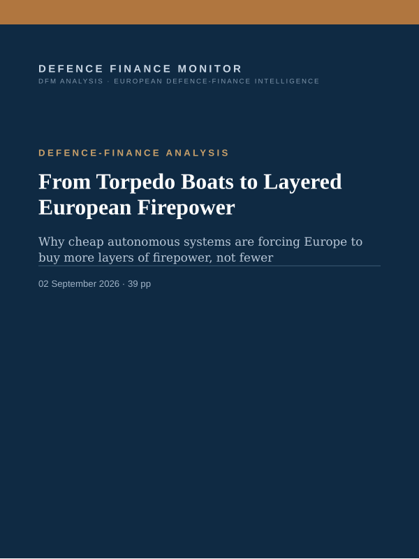 Cover of the DFM report “From Torpedo Boats to Layered European Firepower” — Defence-Finance Analysis, 39-page PDF