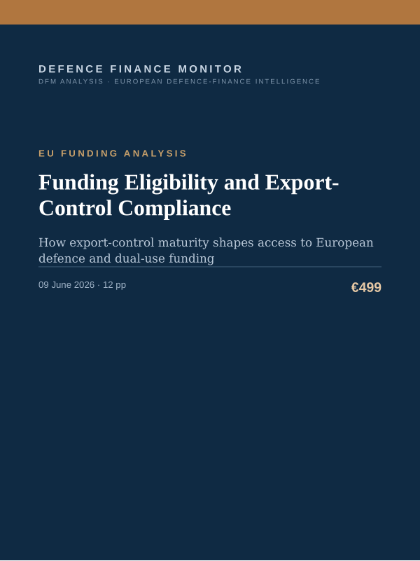 Cover of the DFM report “Funding Eligibility and Export-Control Compliance” — Eu Funding Analysis, 12-page PDF