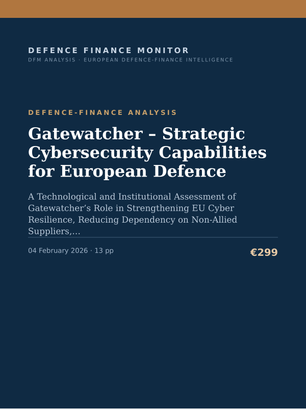 Cover of the DFM report “Gatewatcher – Strategic Cybersecurity Capabilities for European Defence” — Defence-Finance Analysis, 13-page PDF