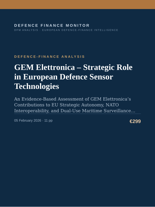 Cover of the DFM report “GEM Elettronica – Strategic Role in European Defence Sensor Technologies” — Defence-Finance Analysis, 11-page PDF