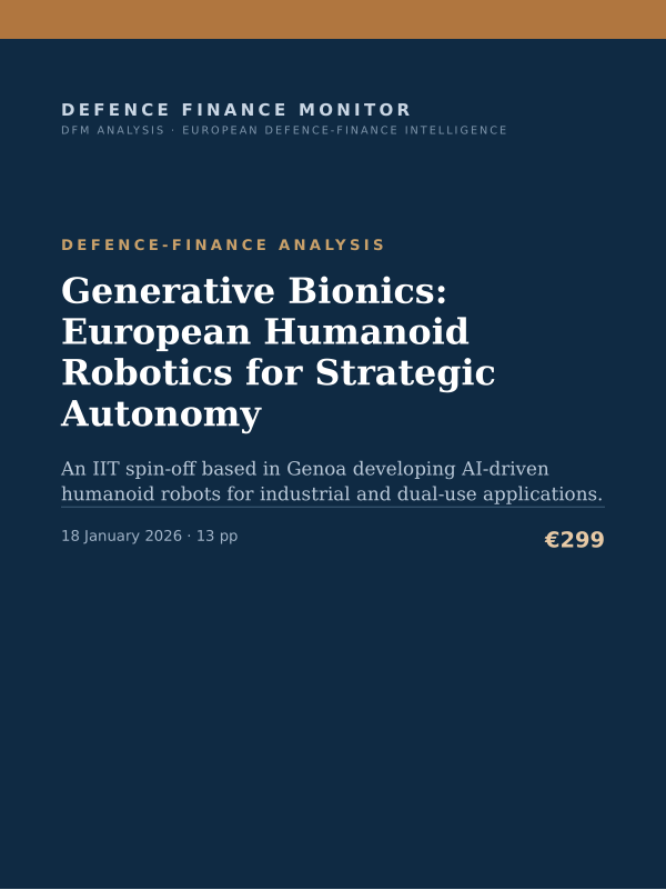 Cover of the DFM report “Generative Bionics: European Humanoid Robotics for Strategic Autonomy” — Defence-Finance Analysis, 13-page PDF