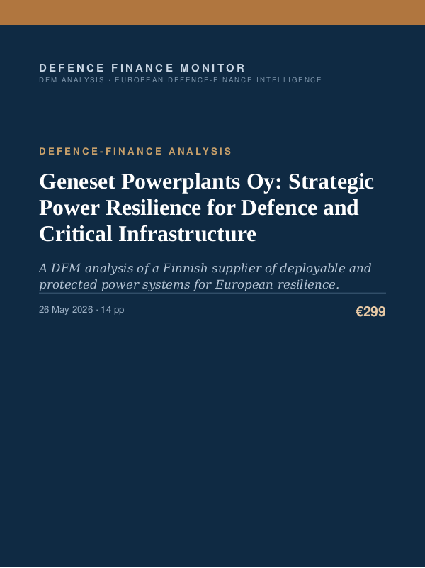 Cover of the DFM report “Geneset Powerplants Oy: Strategic Power Resilience for Defence and Critical Infrastructure” — Defence-Finance Analysis, 14-page PDF