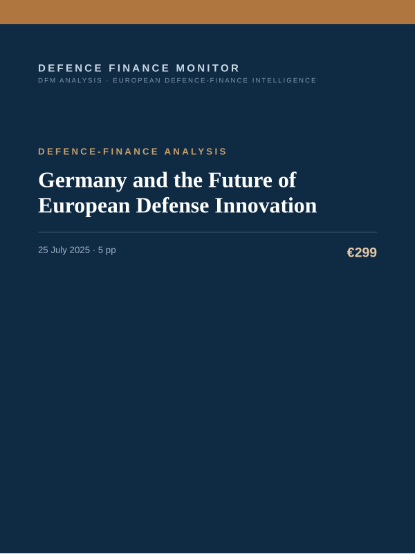 Cover of the DFM report “Germany and the Future of European Defense Innovation” — Defence-Finance Analysis, 5-page PDF
